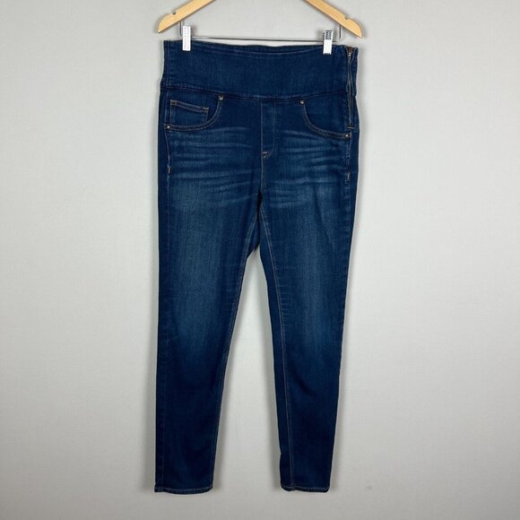 Spanx Signature Skinny Jeans Womens 32 Blue Dark Wash‎ Denim Stretch Side Zip - Picture 1 of 13
